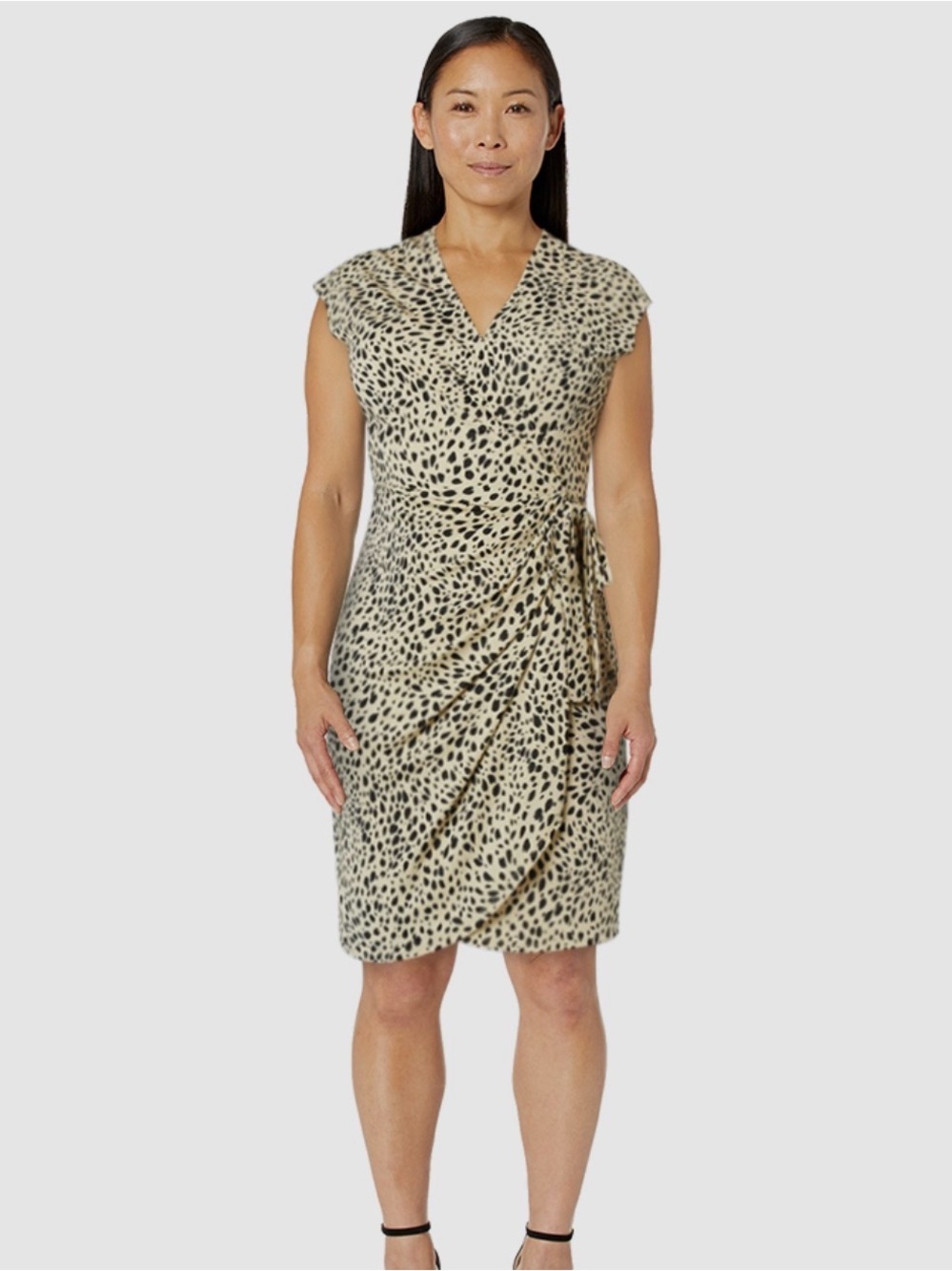 Leopard-Print Wrap Stretch Midi Dress in Cream and Black XS
